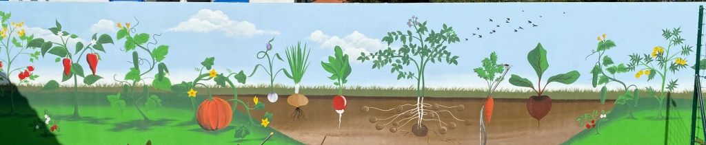 Décor peint sur mur extérieur au décor de potager magique. Réalisation à saint jean de mont. Peinture murale scène de jardinage montrant des plantes, légumes et fruits en croissance dans la terre.