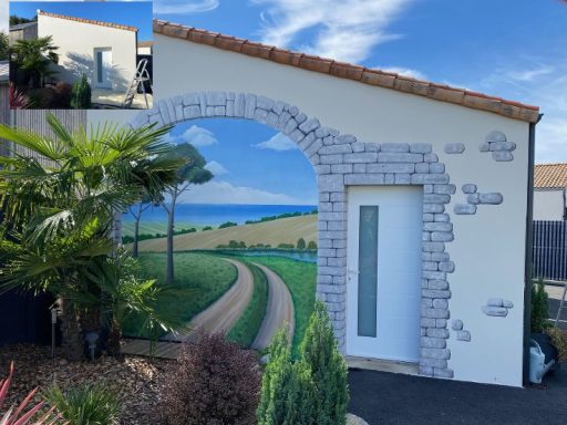 peinture trompe oeil sur mur extérieur Mural d'une porte donnant sur un paysage de champs et de mer sous un ciel bleu.