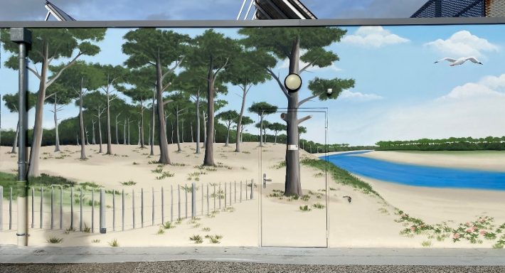 Fresque murale en trompe l'oeil sur façade Paysage de dunes de sable avec des arbres, une rivière et un ciel bleu.